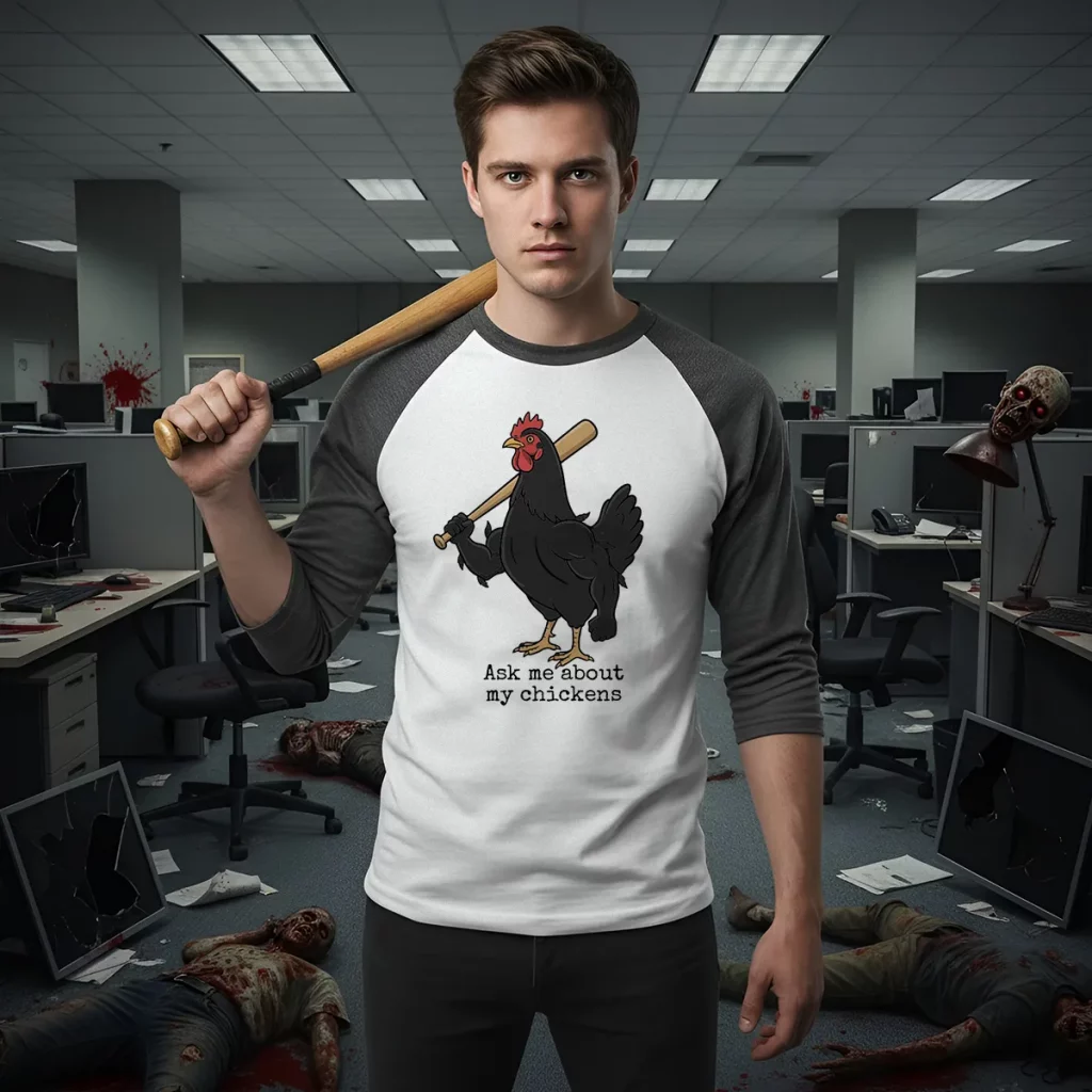 Ask me about my chickens - 3/4 Sleeve Tee - office zombie battle - SnarkTank.co