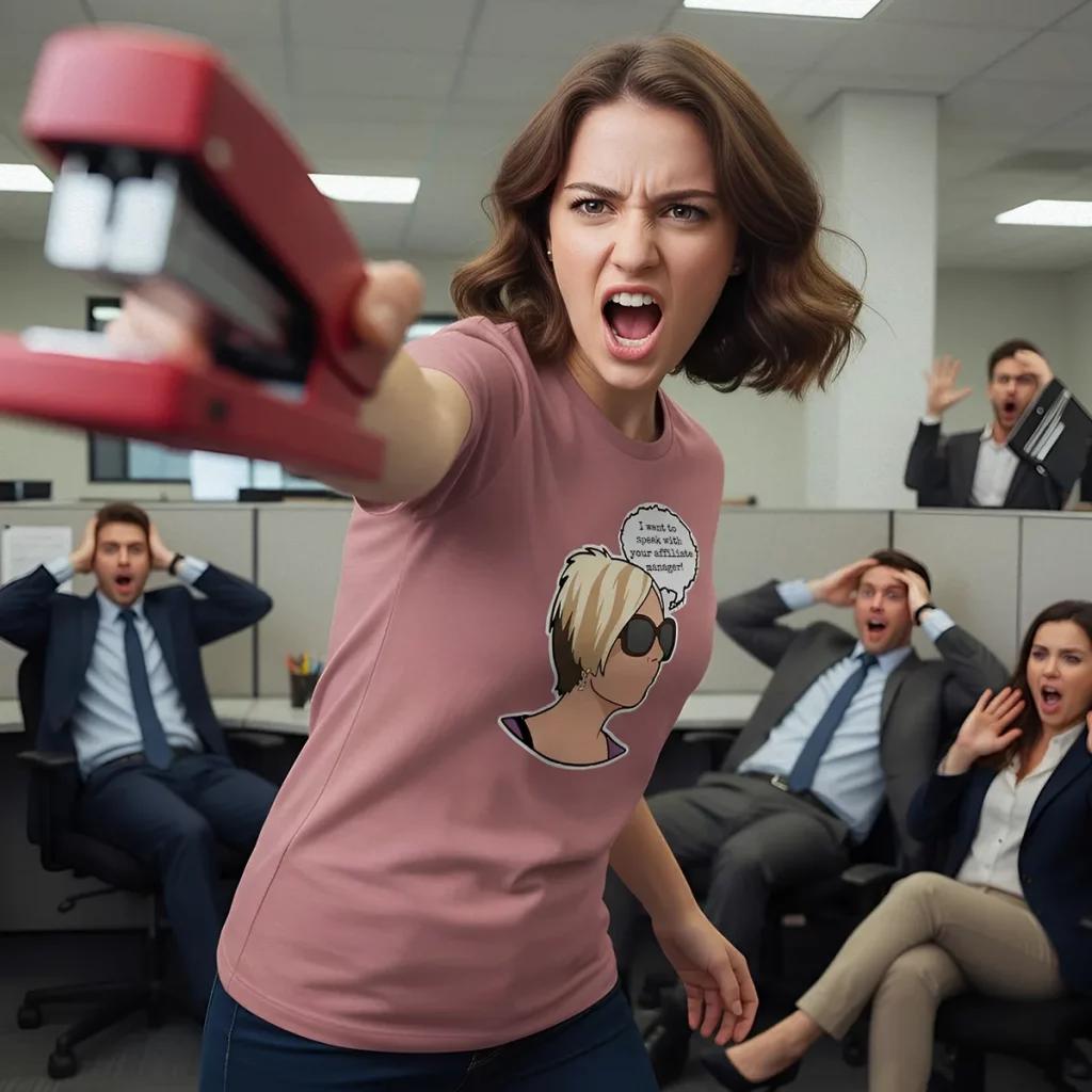 I want to speak with your affiliate manager - Standard Tee - angry office worker with stapler - SnarkTank.co